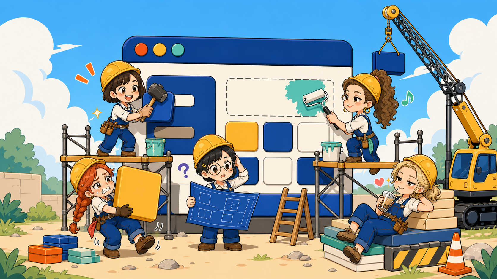 Five chibi women building a website